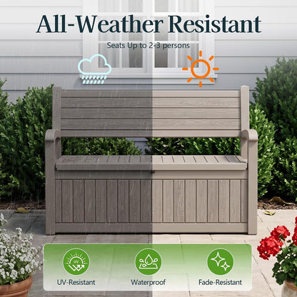 Outdoor Bench, Waterproof Garden Bench with Storage, 100 Gallon Lockable Resin Deck Box, Weatherproof Bench Seating for Patio Yard Cushions Tools, Black