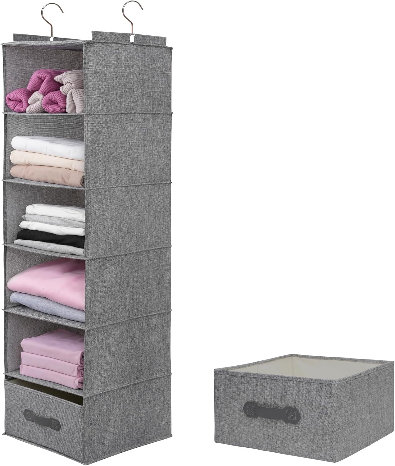 Large Hanging Sweater Organizer for Closet,Collapsible 6-Shelf Hanging Closet Shelves with Drawers, Washable (Grey-6 Shelf)