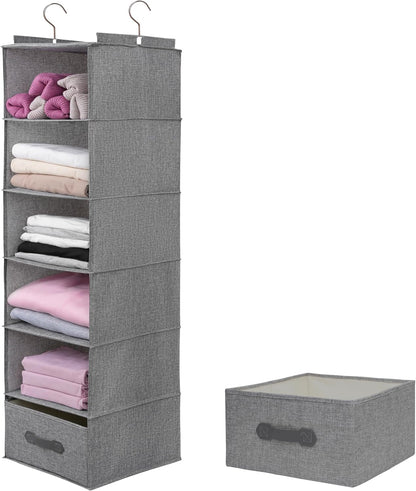 Large Hanging Sweater Organizer for Closet,Collapsible 6-Shelf Hanging Closet Shelves with Drawers, Washable (Grey-6 Shelf)