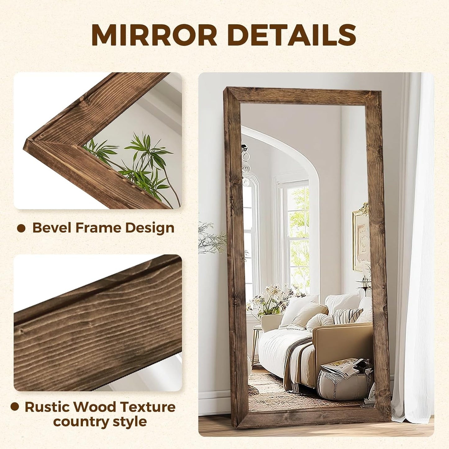 Solid Wood Full Length Mirror - 65"x22" Arched Floor Mirror, Free Standing & Wall Mounted - Elegant Design for Bedroom, Dressing Room, Hallway, Brown