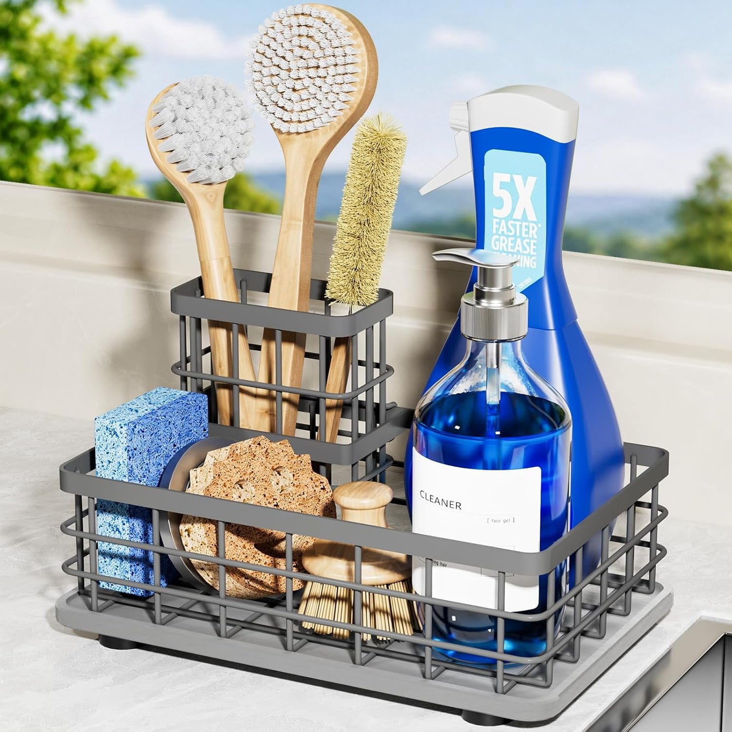 Extra Large Kitchen Sink Caddy Organizer, Stainless Steel Sponge Holder for Kitchen Sink with Brush Holder, Diatomite Stone Sink Tray for Soap Dispenser, Sponge, Kitchen Essentials and Gadgets, Black