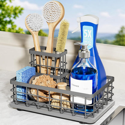 Extra Large Kitchen Sink Caddy Organizer, Stainless Steel Sponge Holder for Kitchen Sink with Brush Holder, Diatomite Stone Sink Tray for Soap Dispenser, Sponge, Kitchen Essentials and Gadgets, Black
