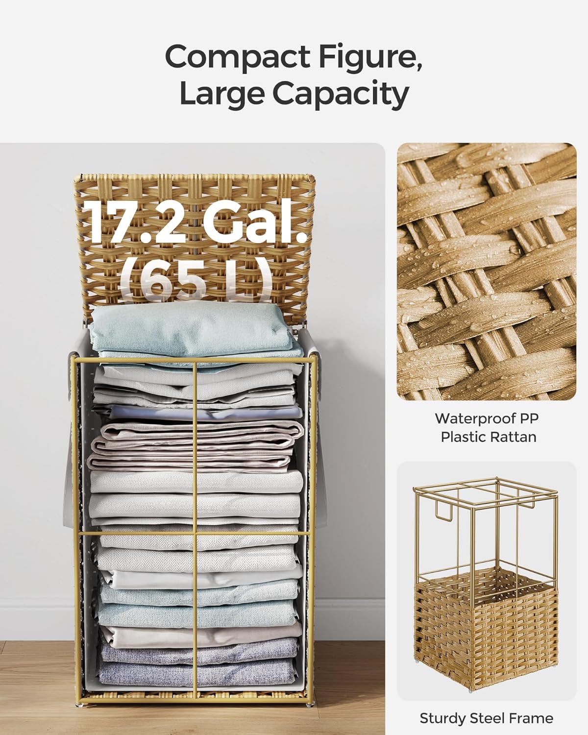 SONGMICS Laundry Hamper with Lid, 23.8 Gallon (90 L) Synthetic Rattan Clothes Laundry Basket with Lid and Handles, Foldable, Removable Liner, Chestnut Brown ULCB051K02