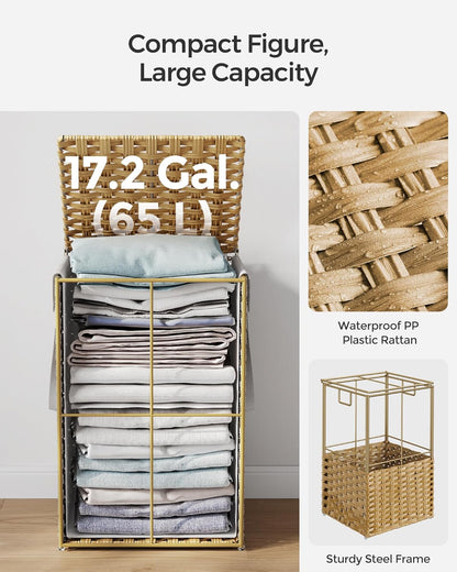 SONGMICS Laundry Hamper with Lid, 23.8 Gallon (90 L) Synthetic Rattan Clothes Laundry Basket with Lid and Handles, Foldable, Removable Liner, Chestnut Brown ULCB051K02