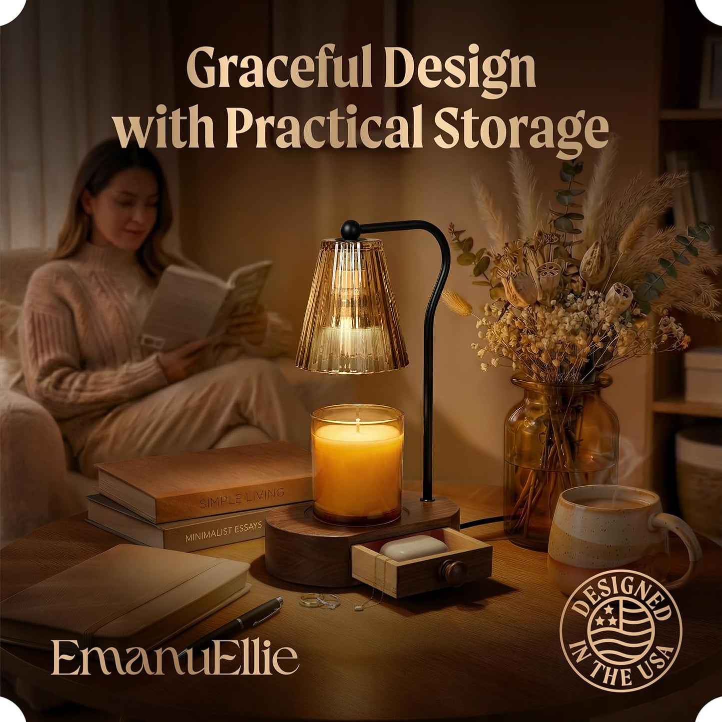 Candle Warmer Lamp with Timer & Dimmer, Natural Wooden Base with Drawer, Gold-Tone Metal Stand, Extra Bulb Included, Candle Warming Lamp, Electric Candle Wax Warmer