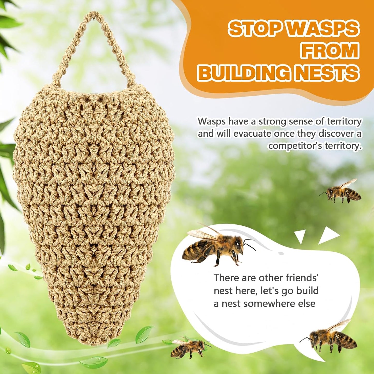 Qualirey 4 Pcs Large Crochet Fake Wasp Nest 7.9×12.6" Hanging Fake Wasp Nest Deterrent Outdoor Crochet Hornet Decoys for Patio Garden Yard Eaves Uses