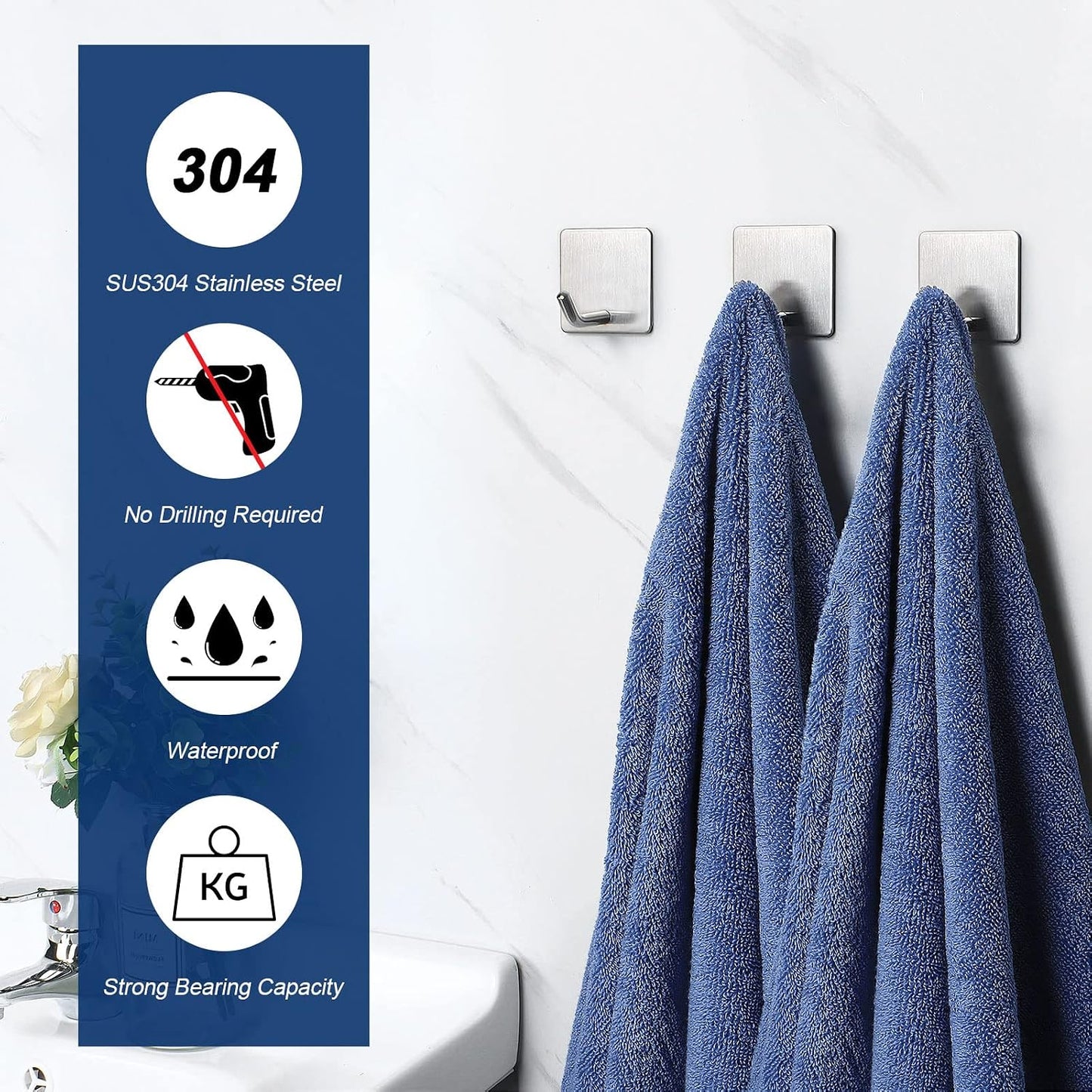 NearMoon Adhesive Hooks- Heavy Duty Bath Wall Hooks Waterproof Stainless Steel Towel Hangers Stick on Wall Clothes Holders for Bathroom Kitchen Home, 5 Pack (Brushed Nickel)