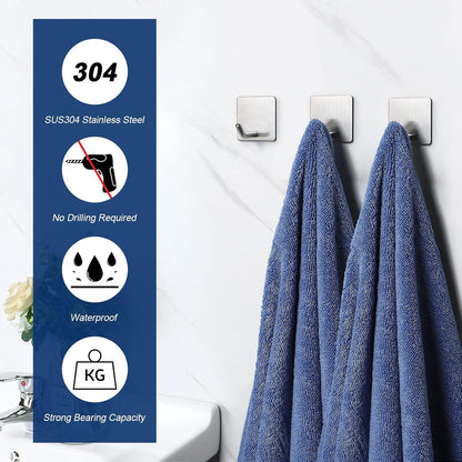 NearMoon Adhesive Hooks- Heavy Duty Bath Wall Hooks Waterproof Stainless Steel Towel Hangers Stick on Wall Clothes Holders for Bathroom Kitchen Home, 5 Pack (Brushed Nickel)