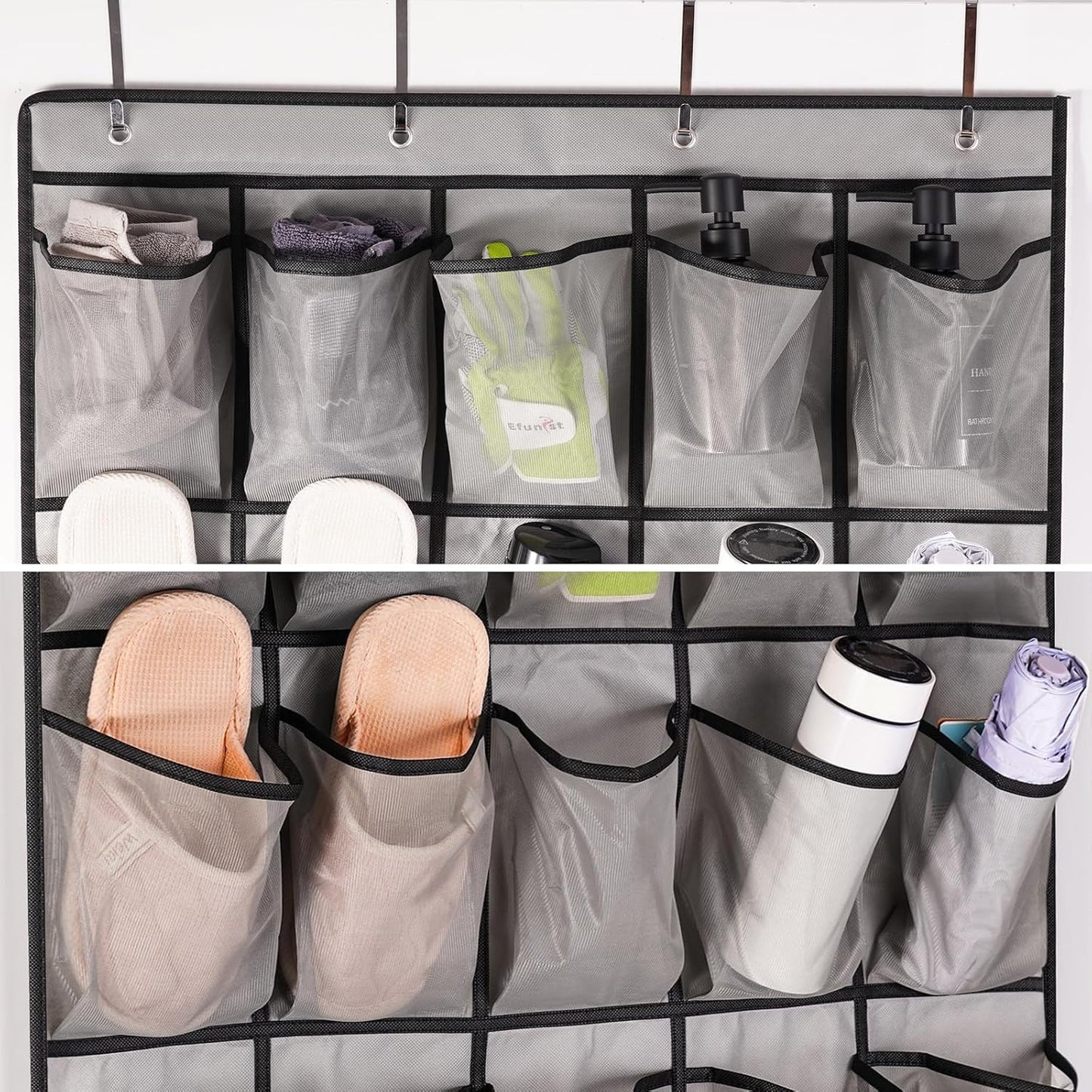 Meolsaek Over Door Shoe Organizer with 24 Breathable Mesh Pockets, Shoe Holder for Door with 4 Metal Hooks, Back of Door Shoe Organizer for Closet, Bedroom, Bathroom, Pantry (Grey - 24)
