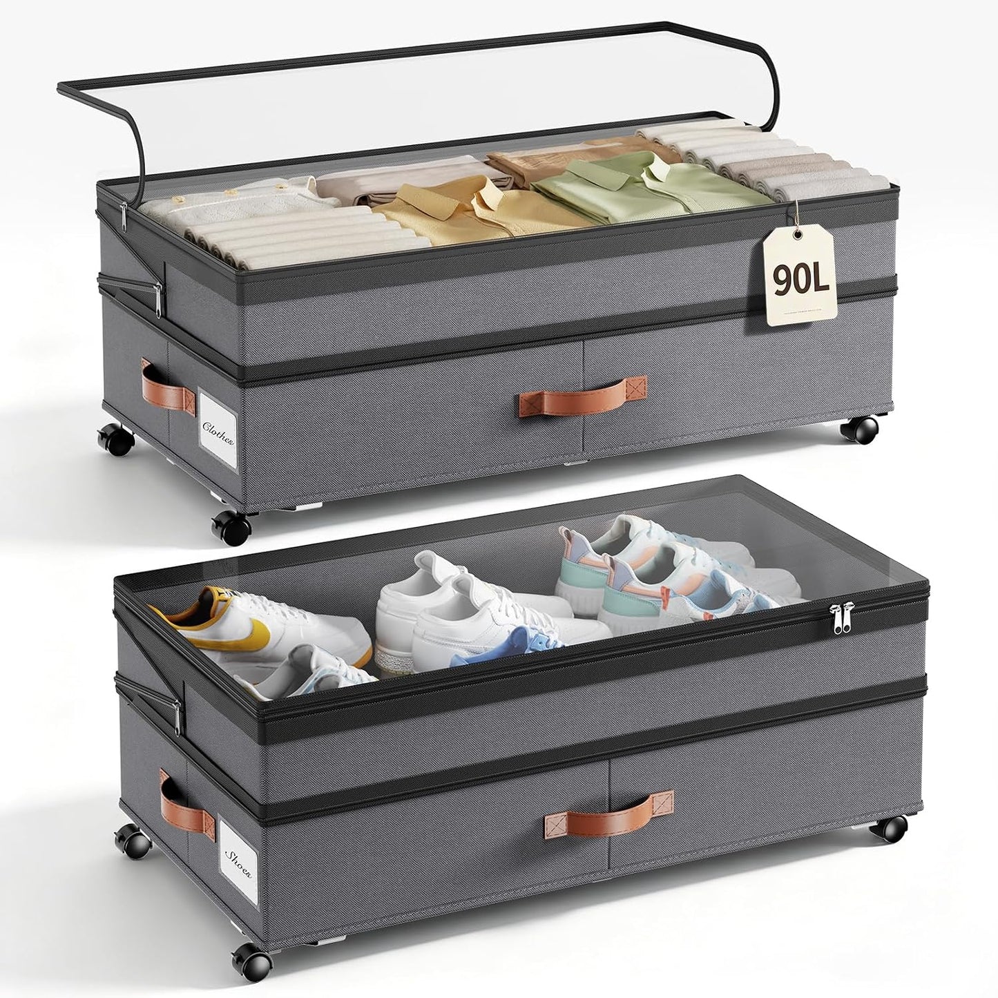 Yecaye 90L Under Bed Storage with Wheels, 8 in-11 in Height Adjustable Under Bed Storage Containers, Under Bed Shoe Storage with Lids & Label, Rolling Underbed Storage bins for Clothes, Toys, Grey