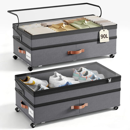 Yecaye 90L Under Bed Storage with Wheels, 8 in-11 in Height Adjustable Under Bed Storage Containers, Under Bed Shoe Storage with Lids & Label, Rolling Underbed Storage bins for Clothes, Toys, Grey