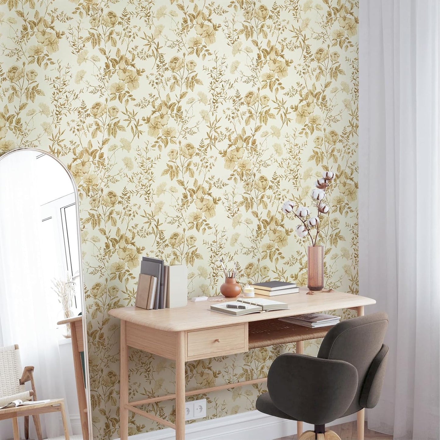 Erfoni 16.9" x118" Boho Floral Peel and Stick Wallpaper Beige Flower and Leaf Contact Paper Self Adhsive Removable Wallpaper Boho Botanical Wall Paper for Bedroom Cabinets Decor Vinyl Roll Waterproof