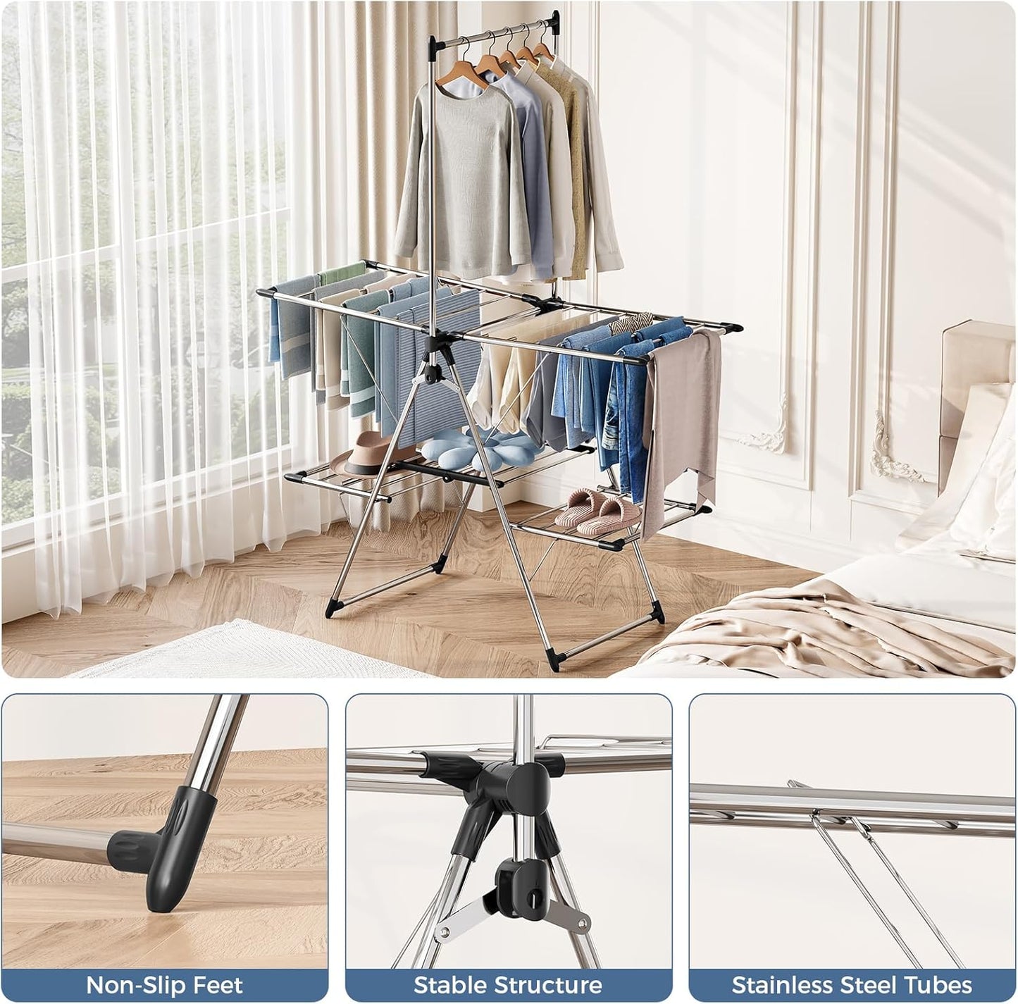 APEXCHASER Clothes Drying Rack with High Hanger, Foldable 3-Level Drying Racks with Shoe Rack, Crossbar and Vertical Rod Laundry Stand with Adjustable Wings Silver