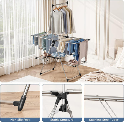 APEXCHASER Clothes Drying Rack with High Hanger, Foldable 3-Level Drying Racks with Shoe Rack, Crossbar and Vertical Rod Laundry Stand with Adjustable Wings Silver