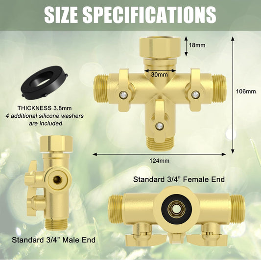 YANWOO Heavy Duty Metal 3 Way + Type Garden Hose Splitter with Shut-Off Valves, 3/4" High Flow Spigot Faucet Connectors with 4 Extra Silicone Washers(Golden)