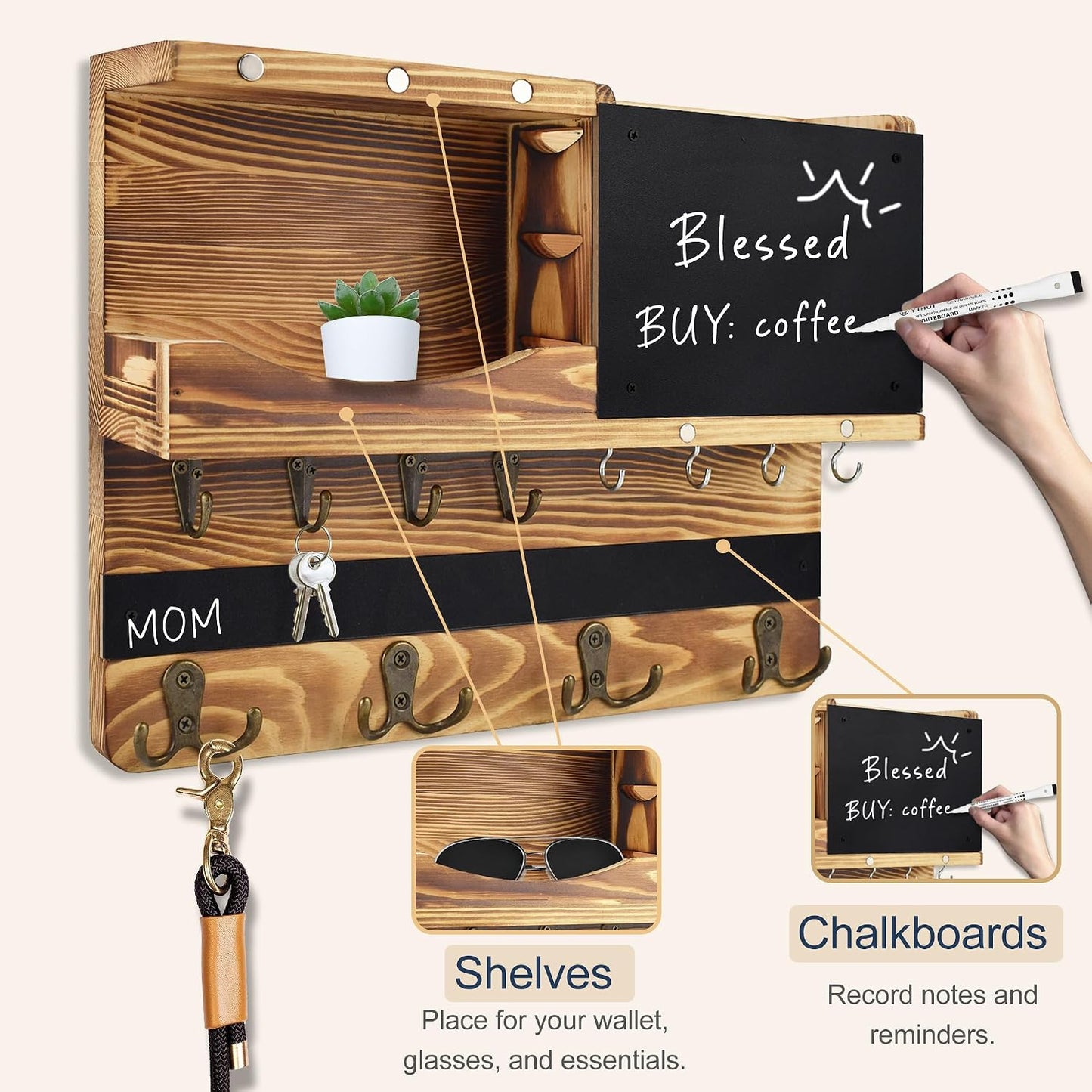 Key Holder for Wall Mount with Shelf and Mail Organizer, Key and Mail Holder with 16 Hooks, Farmhouse Entryway Organizer, Home Decor Rack (Pine Wood, Black)