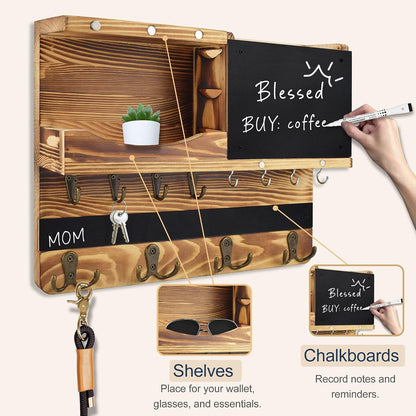 Key Holder for Wall Mount with Shelf and Mail Organizer, Key and Mail Holder with 16 Hooks, Farmhouse Entryway Organizer, Home Decor Rack (Pine Wood, Black)