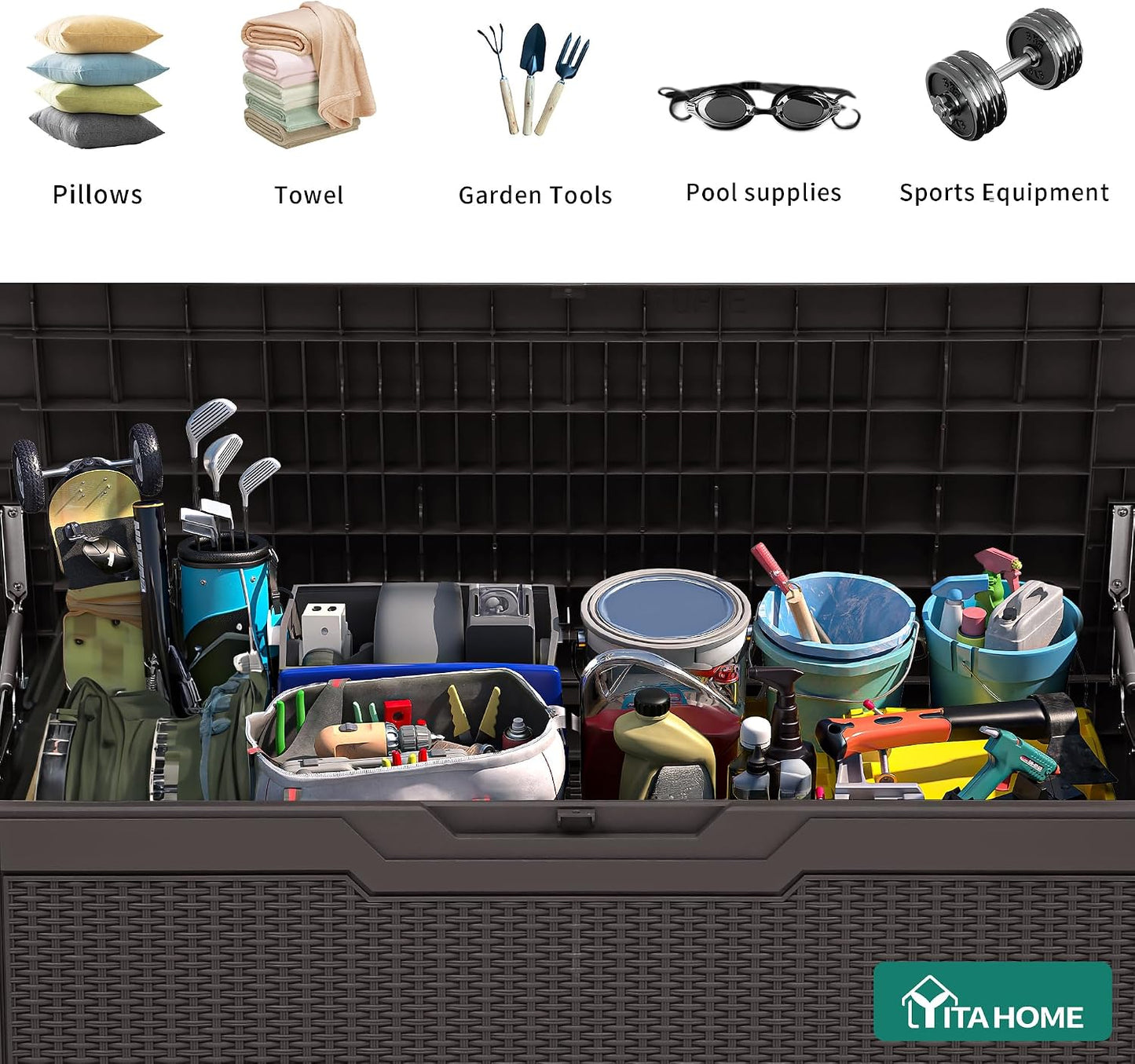 YITAHOME 100 Gallon Large Outdoor Deck Box | Waterproof Resin Storage Box, Lockable Indoor Outdoor Storage Container for Patio Furniture Cushions, Pool Accessories