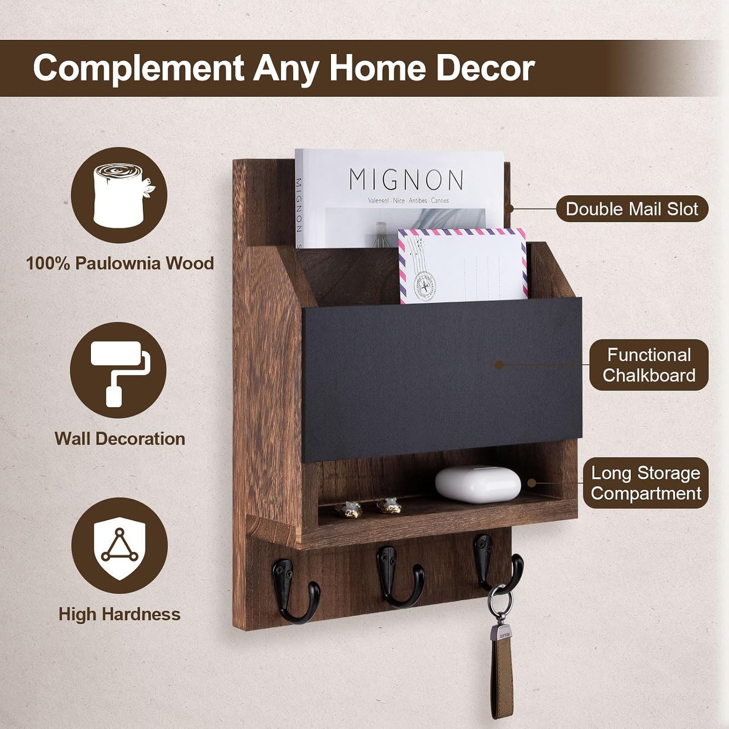 Key and Mail Holder for Wall, Key Holder with Chalkboard and Long Storage Box, Key Hanger with 3 Sturdy Hooks for Coat, Dog Leash, Entryway Mail Organizer (Black)