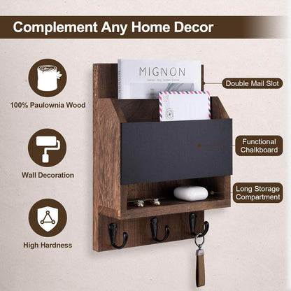 Key and Mail Holder for Wall, Key Holder with Chalkboard and Long Storage Box, Key Hanger with 3 Sturdy Hooks for Coat, Dog Leash, Entryway Mail Organizer (Black)
