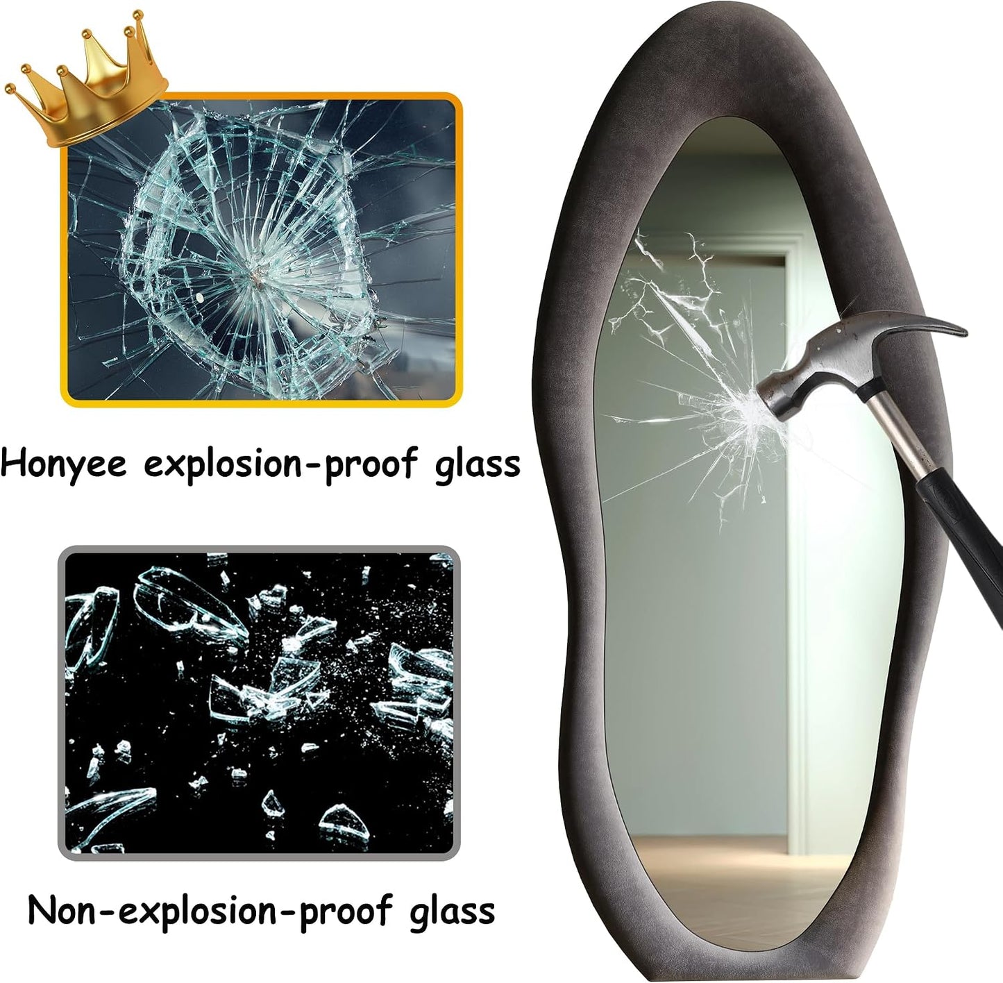 Honyee Full Length Mirror, 63" x 24" Wall Mirror, Flannel Wrapped Wooden Frame Floor Mirror, Irregular Wavy Mirror Hanging or Leaning Against Wall for Cloakroom/Bedroom/Living Room, Milk Tea