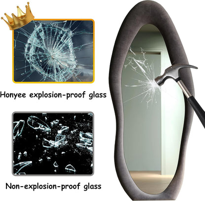 Honyee Full Length Mirror, 63" x 24" Wall Mirror, Flannel Wrapped Wooden Frame Floor Mirror, Irregular Wavy Mirror Hanging or Leaning Against Wall for Cloakroom/Bedroom/Living Room, Milk Tea