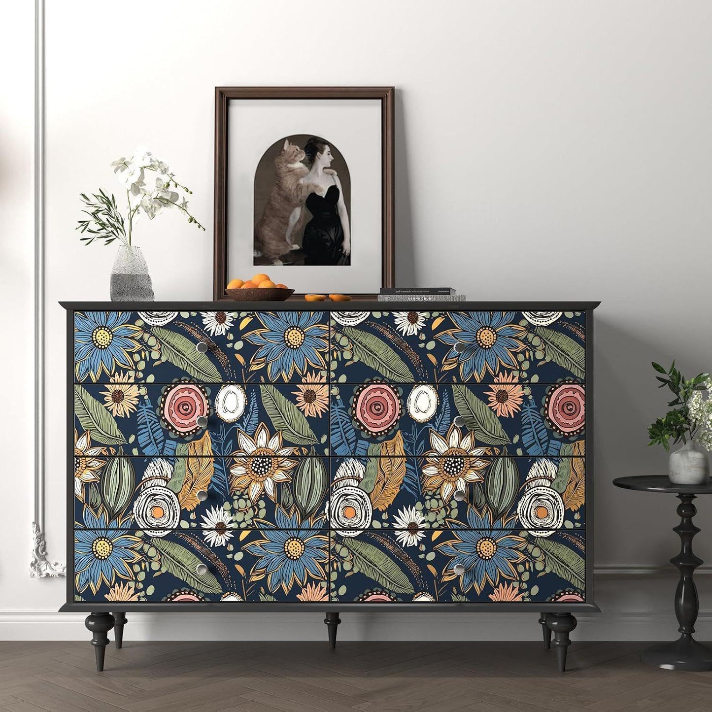 Blue Wallpaper Peel and Stick,Vintage Boho Floral Contact Paper 17.5" x 118", Retro Botanical Flower Wall Paper Self Adhesive Removable Waterproof for Walls Shelves Cabinet Table (Blue,Yellow, Green)