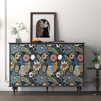 Blue Wallpaper Peel and Stick,Vintage Boho Floral Contact Paper 17.5" x 118", Retro Botanical Flower Wall Paper Self Adhesive Removable Waterproof for Walls Shelves Cabinet Table (Blue,Yellow, Green)
