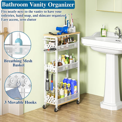 OKZEST Slim Laundry Room Organization Cart with Detergent Dispenser Holder | 4-Tier narrow rolling cart for small space, Holds tall bottles, Upgraded metal hub casters, Premium wood & metal mesh shelves