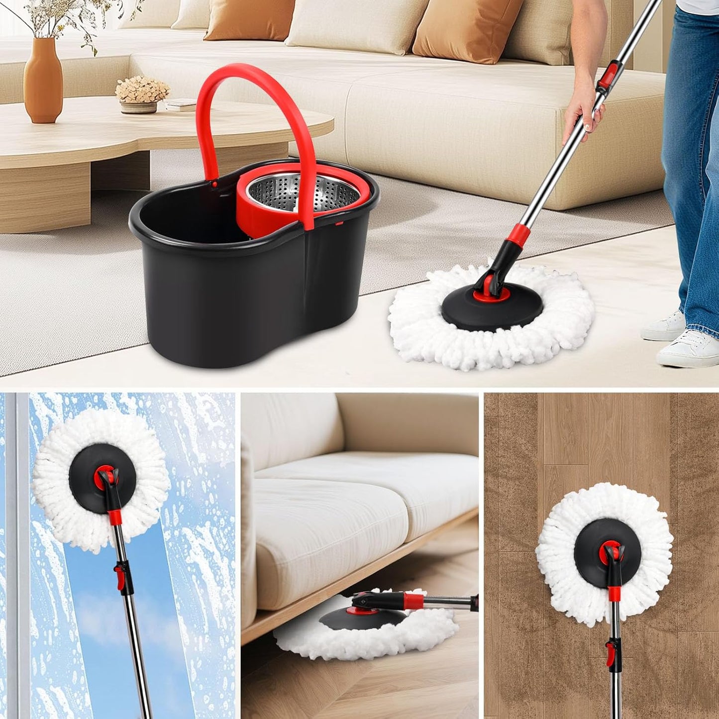 Spin Mop and Bucket, Mop and Bucket with Wringer Set for Home, 360 Spinning Mop Bucket Floor Cleaning Tool with 3 Microfiber Mop Replacement Head Refills,50" Extended Handle for Floor Cleaning Home