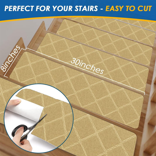 RIOLAND Stair Treads Carpet Non-Slip Indoor 15 PCS Wood Stair Treads Rugs Anti Moving Modern Stair Runners Safety for Kids Dogs, 8" X 30", Diamond Gray
