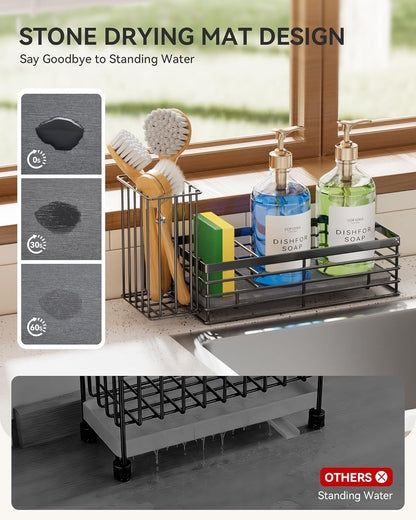 Yofidra Sponge Holder for Kitchen Sink, Sink Caddy Organizer with Stone Drying Mat, Kitchen Countertop Organizers and Storage Essentials, 304 Stainless Steel (Black, 9.3″)