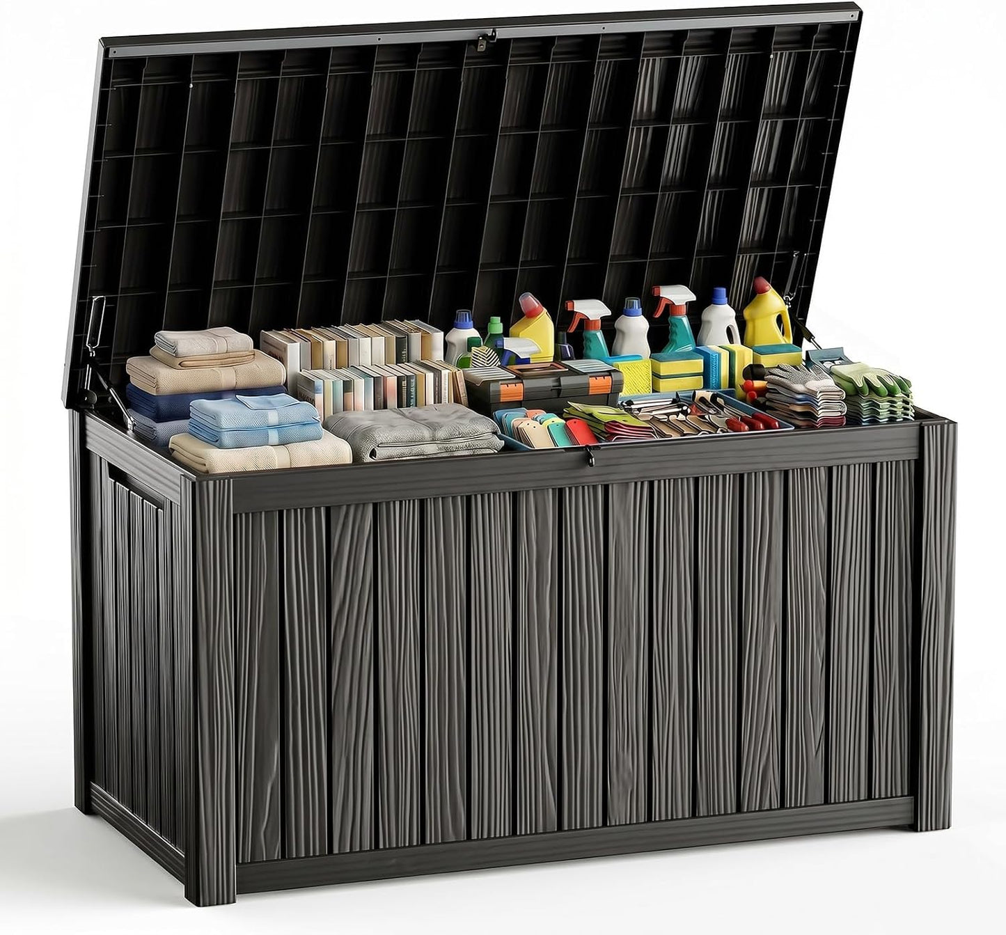 Waterproof Outdoor Storage Box Outside Deck Box Lockable Resin Bench UV Resistant Furniture Cushion Pool Tool Float Bin Patio Garden Porch (Black, 120 Gallon)