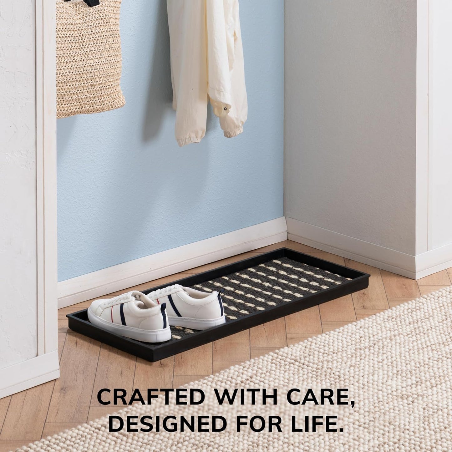 Anji Mountain Heavy Duty Waterproof Rubber Shoe Storage Mat Organizer/Boot Storage Tray Multi Use for Entryway with Coir, Tan Insert, Fits 4 Pair (46.5" Wide)