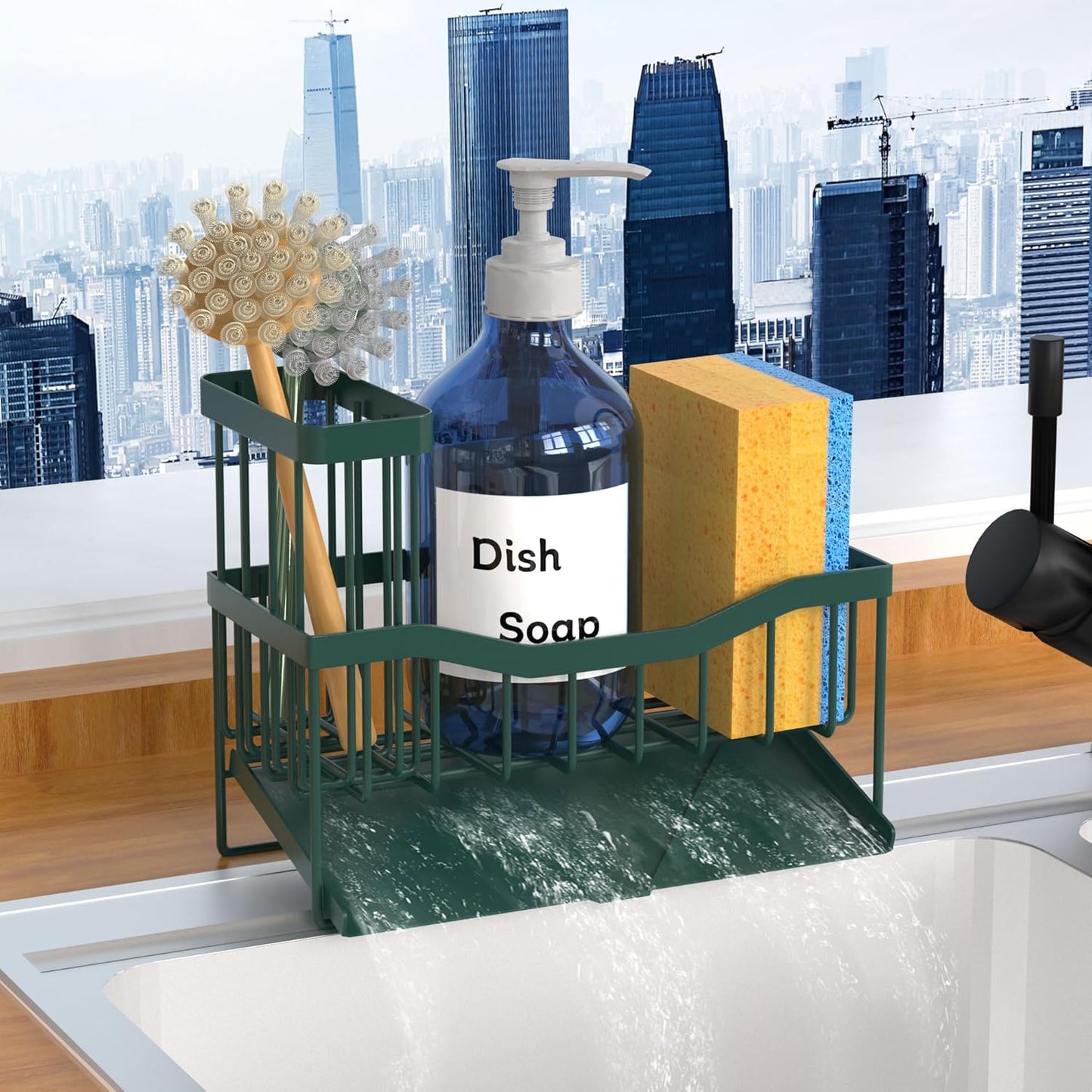Maifan Sink Caddy Sponge Holder for Kitchen with Brush Holder and Stainless Steel Self Drain Tray, Rustproof Kitchen Sink Organizer for Sponge, Soap Dispenser Storage Accessories (Lacquer Silver)