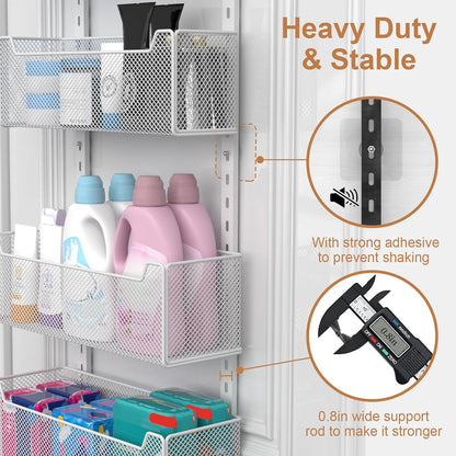 VyGrow Over The Door Organizer, Metal Door Organizer Hanging with 5 Adjustable Baskets and Coat Hook, Behind The Door Storage for Bedroom Closet Bathroom Pantry Cabinet Kitchen, Black