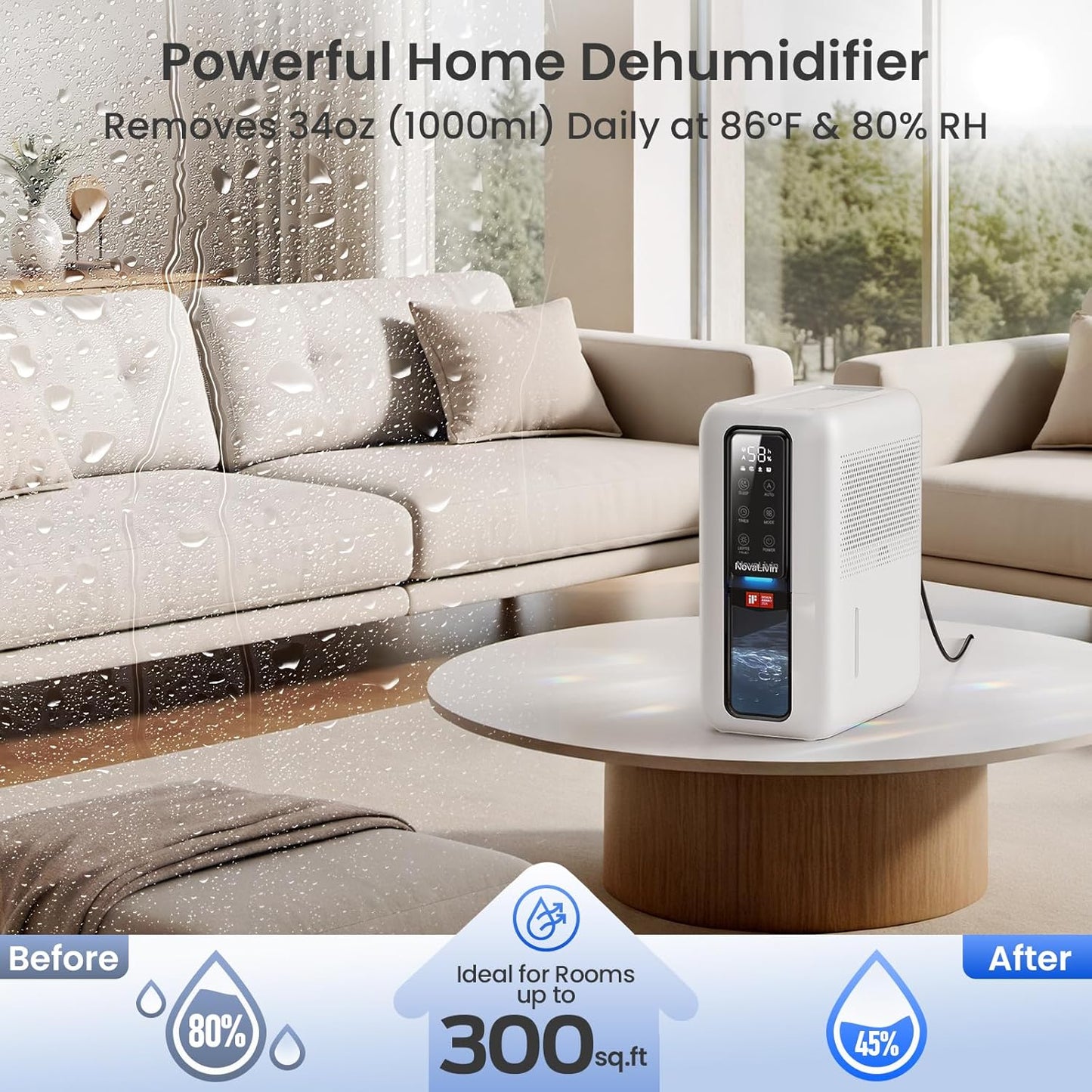 Dehumidifier for Home, Dehumidifiers for Bathroom, Bedroom, Living room, Closet with 68 OZ Water Tank, Moisture Absorbers, Auto Shut Off, Auto Humidity Control, 7 Colors LED Light, White