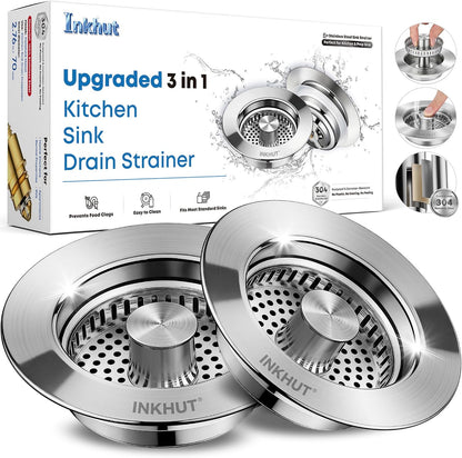 Upgraded 3 in 1 Kitchen Sink Drain Strainer - Stainless Steel Sink Stopper, Anti-Clogging Sink Food Catcher Basket, Fast Drainage Odor Filter Sink Plug for US Standard 3 1/2 inch Drain (Silver-1Pack)