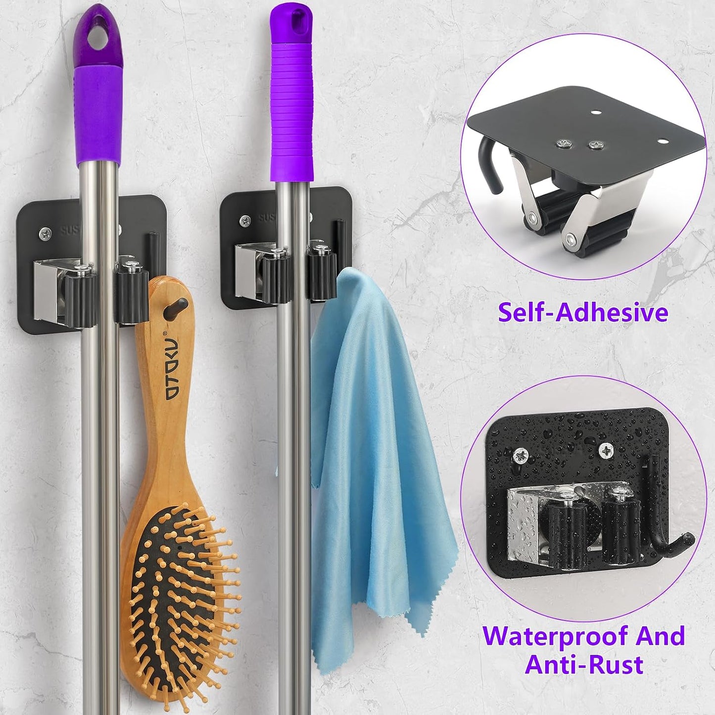 Stainless Steel Broom Holder, Heavy Duty, Rust Resistant, 4 Gripper Positions with 4 Hooks, Black