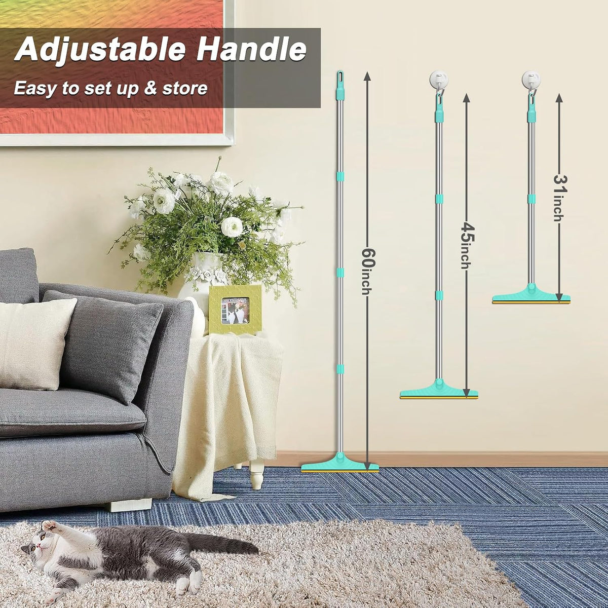 B-Land Carpet Rake for Pet Hair Removal, Reusable Pet Hair Remover with 60” Adjustable Long Handle, Carpet Scraper Broom Dog Cat Hair Remover Tool Fur Sweeper for Rugs, Mats