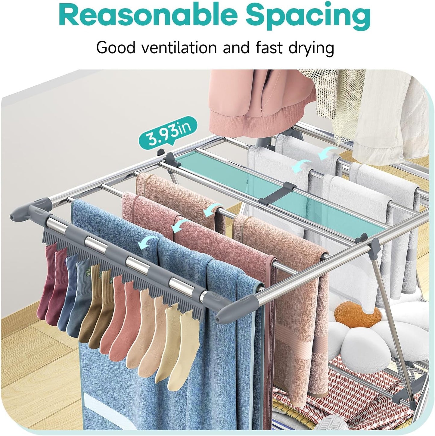 APEXCHASER Clothes Drying Rack with High Hanger, Foldable 3-Level Drying Racks with Shoe Rack, Crossbar and Vertical Rod Laundry Stand with Adjustable Wings Silver