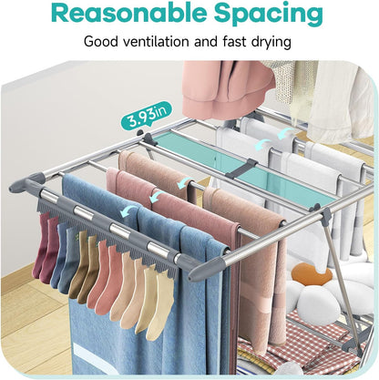 APEXCHASER Clothes Drying Rack with High Hanger, Foldable 3-Level Drying Racks with Shoe Rack, Crossbar and Vertical Rod Laundry Stand with Adjustable Wings Silver