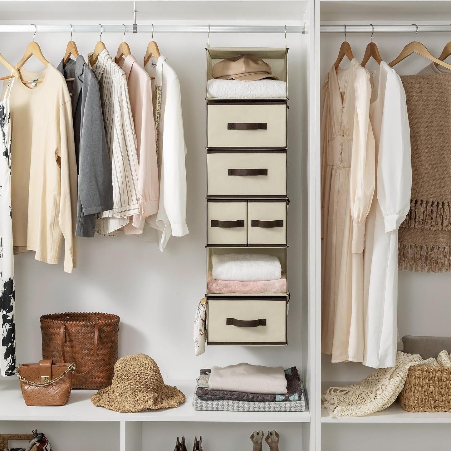 GRANNY SAYS Hanging Closet Organizer 6 Shelves, Closet Organizers and Storage with 5 Drawers, 6 Side Pockets Closet Hanging Organizer, Hanging Storage Organizer for Closet, Baby Clothes, Gray
