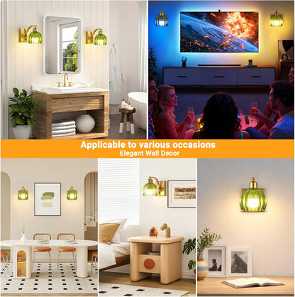 Rechargeable Battery Operated Wall Sconce Set of 2, Wireless Battery Powered Gold Wall Lamps with Green Tulip Glass, Vintage Dimmable Wall Lights with Remote Control for Bedroom Living Room