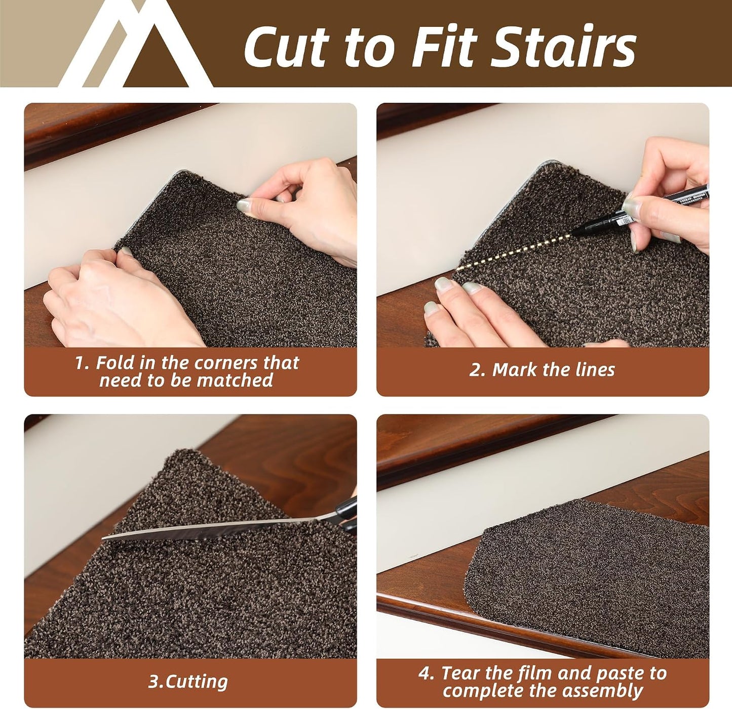 COSY HOMEER Stair Treads for Wooden Steps Non-Slip Carpet Mat,4pcs,Brown | Cut to Size,Peel and Stick,Washable,Residue Free,Self Adhesive,Stair Runner for Kid Elder Pet,28“x9”Carpet Stair Treads