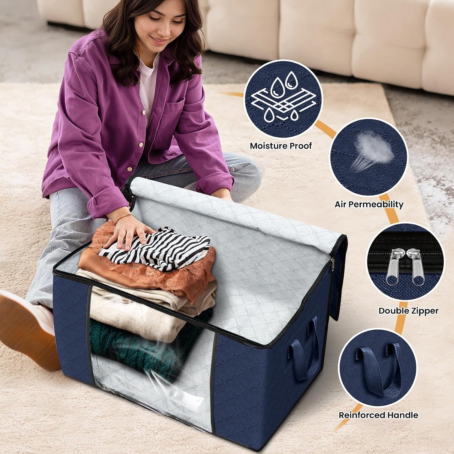 Fab totes 6 Pack Storage Bags for Clothes and Blanket, Foldable Closet Organizers and Storage with Zippers, Clear Window and Handles, Fabric Storage Bins for Sweater, Comforter, Bedding,Linen Sheets