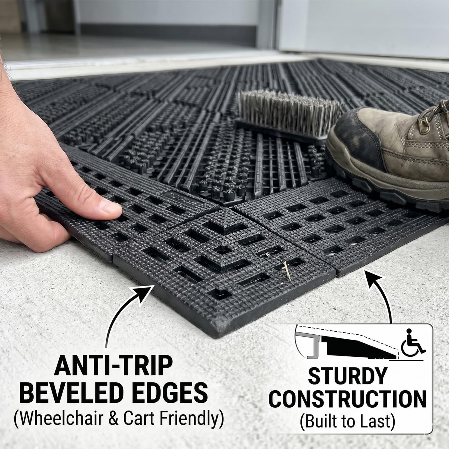 Heavy-Duty Outdoor Door Mat– Modular Interlocking Bristle Boot Scraper – All-Weather Mud & Snow Shoe Cleaner for High-Traffic Entryway, Garage, & Patio (Gray, 18" x 30")