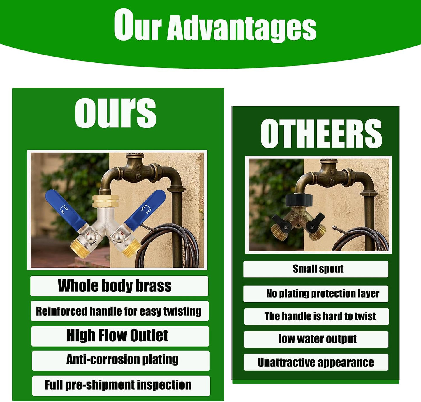 EJW Hose Splitter 2 Way, Garden Hose Splitters, 2 Way Faucet Splitter, Water Spigot Splitter, RV Brass Hose Splitter, Two way Hose Bib Splitter, Double Hose Connector, Hose Valve 3/4 Inch GHT Thread.