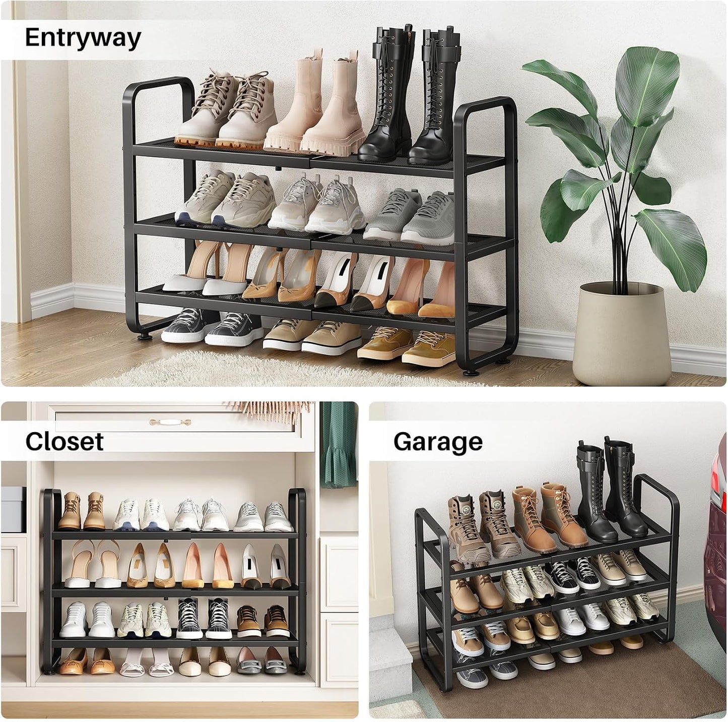 SNTD Shoe Rack - Expandable Shoe Organizer for Closet, Adjustable Metal Shoe Shelf Storage, Stackable Long Shoe Stand Holder for Garage, Entryway, Door Entrance (Black, 2-Tier)