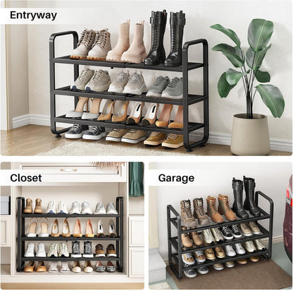 SNTD Shoe Rack - Expandable Shoe Organizer for Closet, Adjustable Metal Shoe Shelf Storage, Stackable Long Shoe Stand Holder for Garage, Entryway, Door Entrance (Black, 2-Tier)